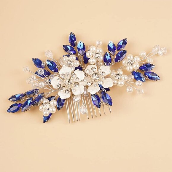 Hair Comb Silver Flower Blue Rhinestones Beads for Weddings Proms Bridal